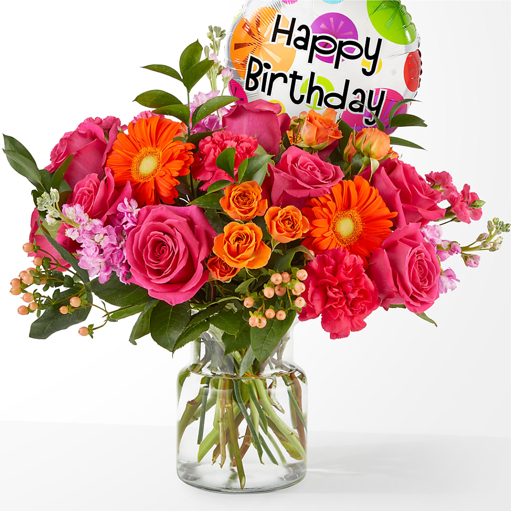 Fiesta Bouquet with Birthday Balloon – Cottage Floral Llc, Versailles MO