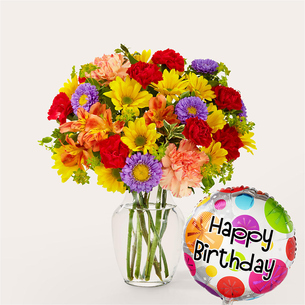 Kaleidoscope Bouquet with Birthday Balloon – Cottage Floral Llc, Versailles MO