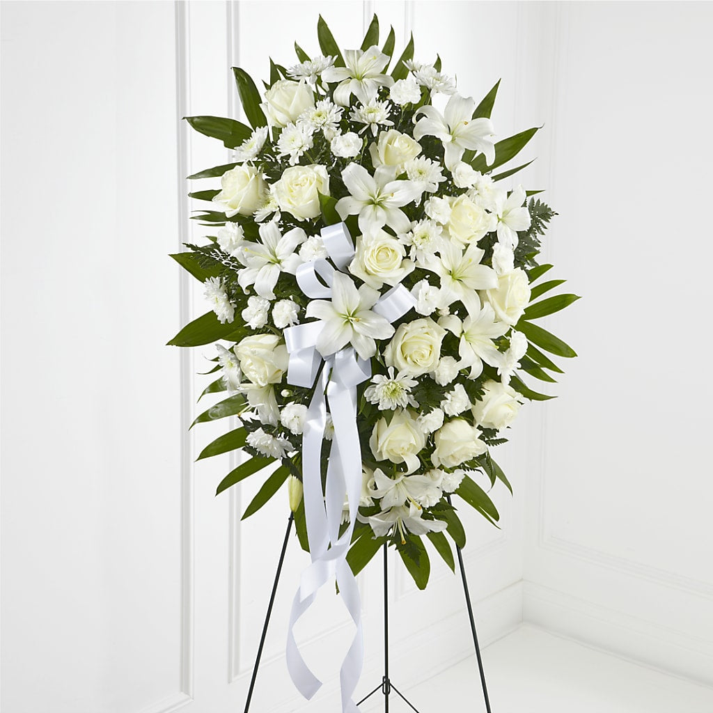 Exquisite Tribute Standing Spray-White Ribbon – Cottage Floral Llc, Versailles MO